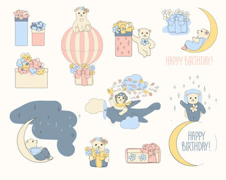 set of birthday illustrations for girls and boys. Funny teddy bears on a plane, in space, in a balloon, on the moon give gifts.のイラスト素材