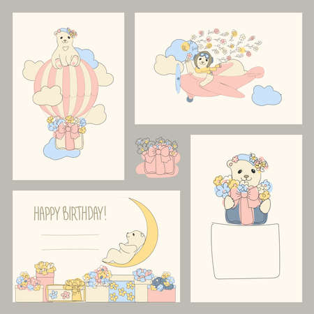 set of birthday cards. Funny teddy bears on a plane, in space, in a balloon, on the moon with gifts. Illustrations for babiesのイラスト素材