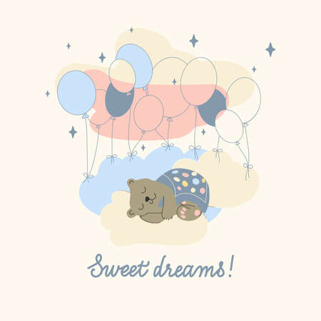 Children's poster. Vector illustration of a sleeping bear cub. Suitable for greeting cards, invitations, textiles.のイラスト素材