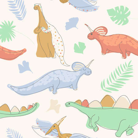 cute dinosaurs. Vector seamless pattern of prehistoric animals and plants Suitable for prints, posters, cards, invitations.のイラスト素材