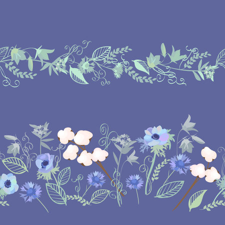 Floral vector seamless borders. Design for poster, textiles, fabrics, backgrounds. Cotton flowers, anemones, cornflowers.のイラスト素材