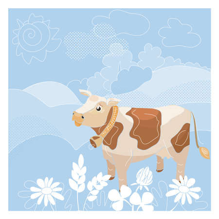 cow on a meadow. Vector illustration, poster, flyer, postcard.のイラスト素材