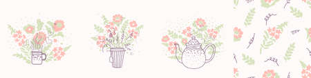 set of vector posters with a cup of tea, a teapot on a background of flowers, seamless pattern. Suitable for postcards, posters, social media posts, greeting cards, invitationsのイラスト素材