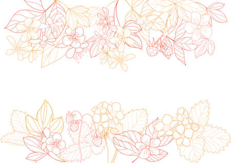 vector background of flowers and berries of garden fruit plants, treesのイラスト素材