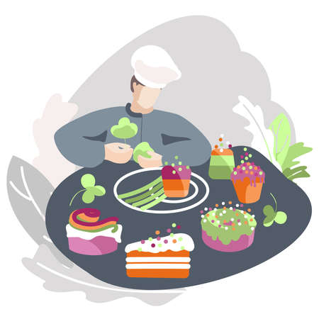 vector illustration. The dessert chef decorates the cupcake. Suitable for flyers, advertisementsのイラスト素材