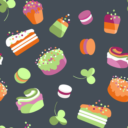 vector seamless pattern with cakes and muffins on a dark background. Suitable for flyers, advertisements, social media posts.のイラスト素材