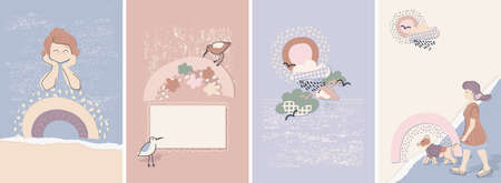 Nature walk. Set of cute children's vector cards.のイラスト素材