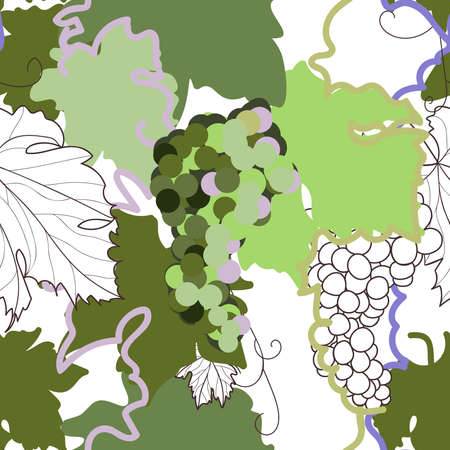 Seamless vector pattern. Bunches and leaves of grapes on a white backgroundのイラスト素材