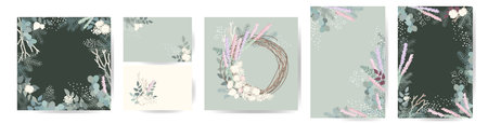 Merry Christmas set of posters or flyers, greeting cards New Year 2022 cover design. Branches of spruce, eucalyptus, cotton, heather on a green backgroundのイラスト素材