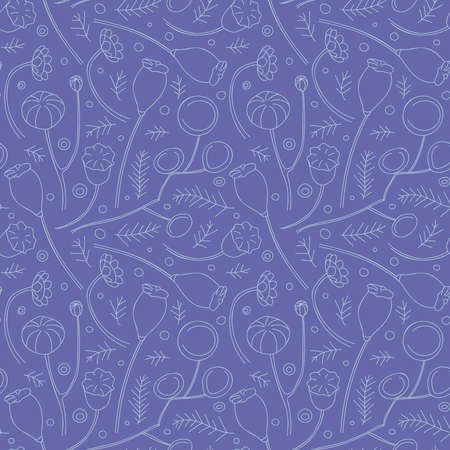 Seamless floral vector pattern of poppy pods and meadow herbsのイラスト素材