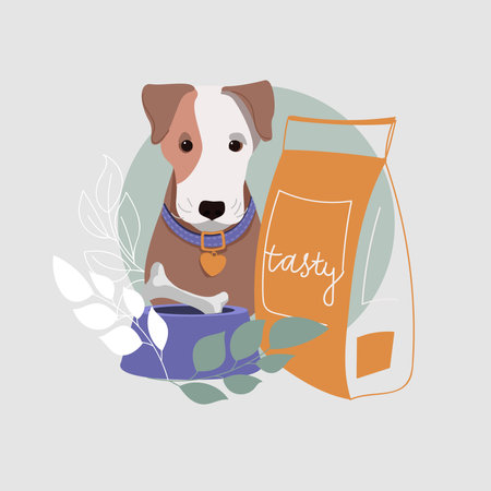 Illustration of cute dog, bowl and bag of dog food in vector style.のイラスト素材