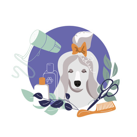 Cute dog banner in vector style. Illustration of pet care, grooming, washing.のイラスト素材