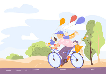 A happy family rides a bike in the park. Flat vector illustration of dad and kids relaxing outdoors in the park together.のイラスト素材