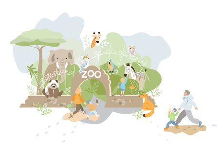 Families with children visit the zoo with cute animals. People interact with them. Vector flat illustration.のイラスト素材