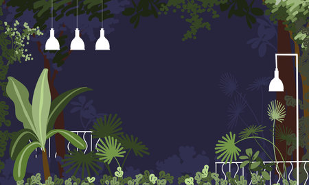 Tropical background with plants, leaves and lamps. Vector illustration.のイラスト素材