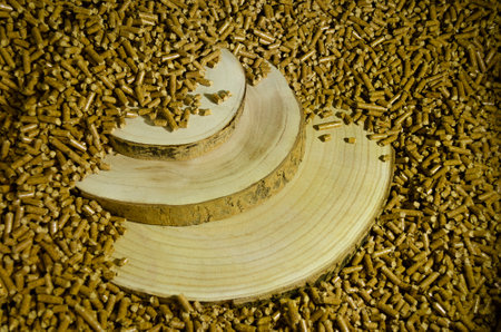 In the photograph you can see three slices of pine surrounded by pellets.の写真素材