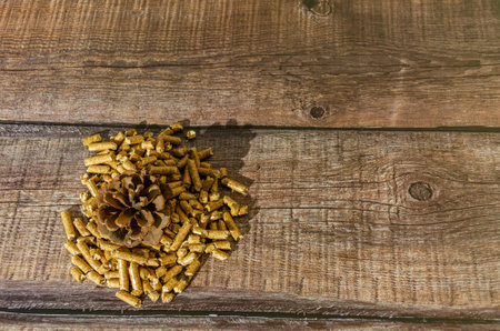 In the photograph you can see a lot of pellets on a wooden background, a pineappleの写真素材