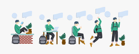 Illustrations of young man character with bubble chat vector flat designのイラスト素材