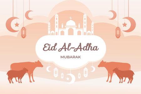 Eid Mubarak celebration Greeting card template. Festive design for Muslim festival Eid Al Adha with goat, silhouette of mosque, lanterns and crescent. Vector illustration.のイラスト素材