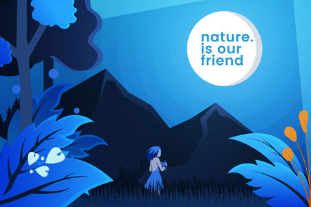 Vector illustration of female character in the jungle and nature is our friend quote flat designのイラスト素材