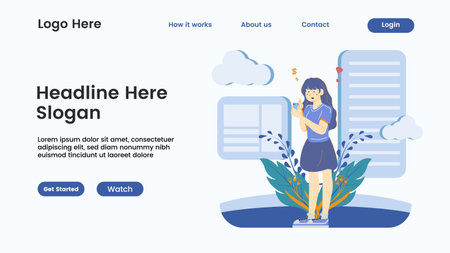 Landing page female character flat design. Vector Illustrationのイラスト素材