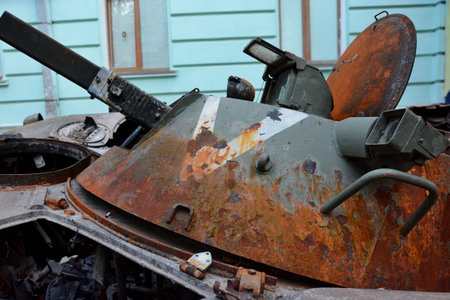 KYIV, UKRAINE - MAY 02, 2022: Tower marked V with a destroyed Russian tank, it was destroyed by the...