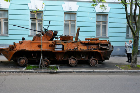Armored personnel carrier BTR-82A of the Russian armed forces in the military museum in Kyiv,...