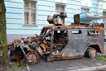 Russian special Tigr-M armored vehicle at the military museum in Kyiv, which was destroyed at the...