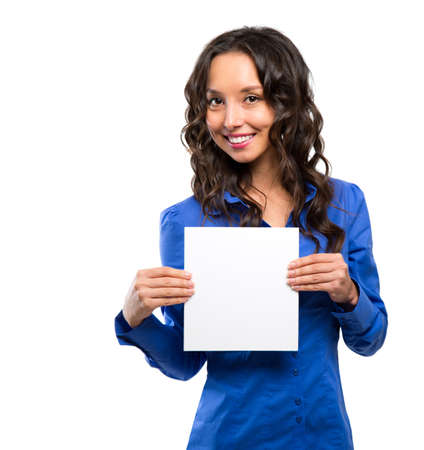 Business woman isolated portrait with white blank card. smiling model portrait.の写真素材