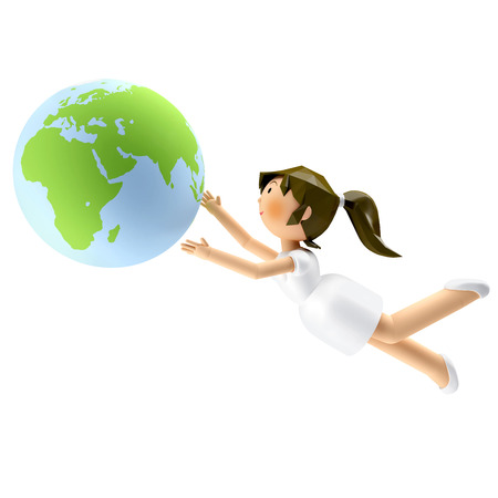 3D Render of smiling beautiful woman looking at the earth in her handの写真素材