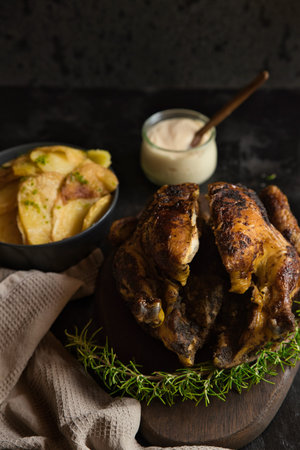Typical Spanish dish, consisting of potatoes and roast chicken with rosemary and aioli.