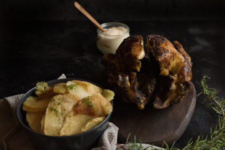 Typical Spanish dish, consisting of potatoes and roast chicken with rosemary and aioli.の写真素材