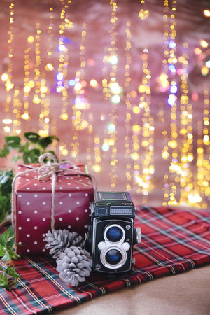 Indoor Christmas decorations, with lights, gifts and Christmas props.の写真素材