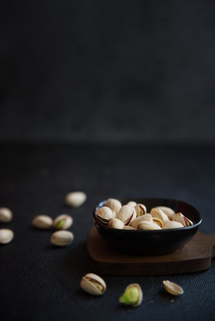 Pistachios served in a small bowl with dark bottoms.の写真素材