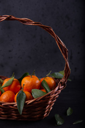 Freshly harvested tangerines from organic farming exposed on dark background.の写真素材