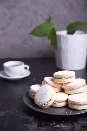 Homemade caramel cookies, decorated with pieces of coconut, confectionery sugar and caramel spread.の写真素材