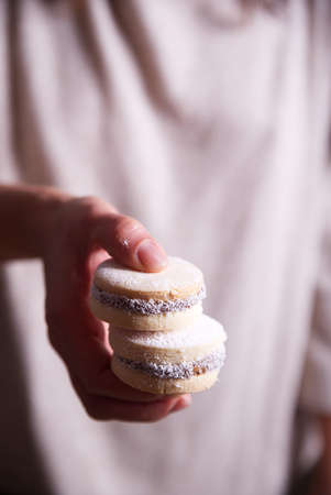 Homemade caramel cookies, decorated with pieces of coconut, confectionery sugar and caramel spread.の写真素材