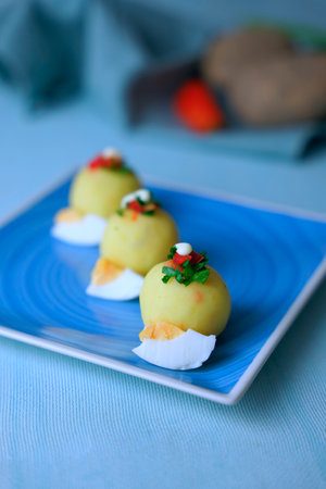 Typical Peruvian dish called causa rellena, which is served as a starter.の写真素材