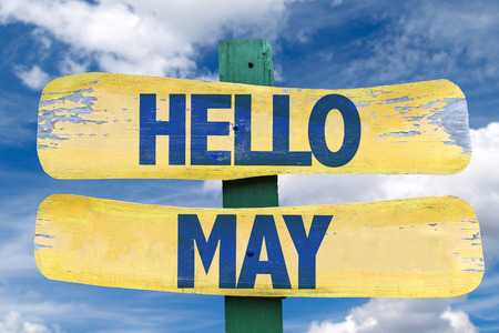 Signpost with the text Hello May on sky backgroundの写真素材