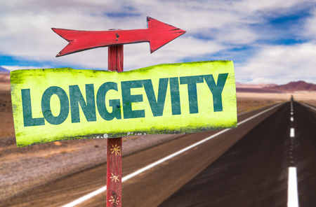 Longevity sign with arrow on a highway backgroundの写真素材