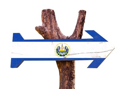 El Salvador flag wooden sign board on white backgroundの写真素材
