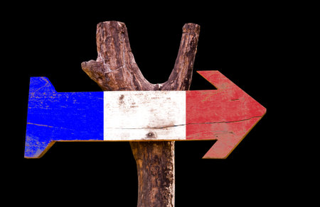 France flag wooden sign board on black background