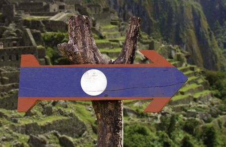 Laos flag wooden sign board in wetland backgroundの写真素材