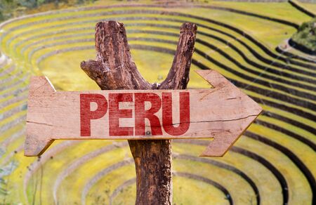 Peru sign with arrow on Pisac backgroundの写真素材