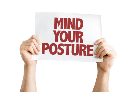 Hands holding cardboard on white background with text: Mind your postureの写真素材