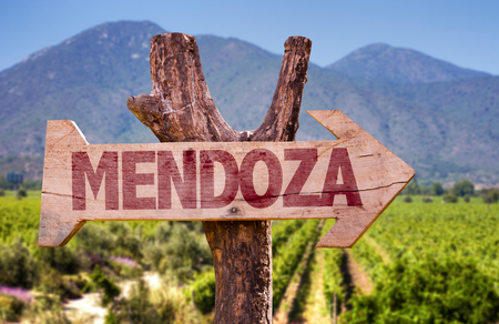 Wooden sign board in park with text: Mendozaの写真素材