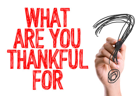 Handwriting on white background with text: What are you thankful for?の写真素材