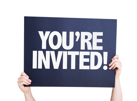 Hands holding cardboard on white background with text: You're invited!の写真素材
