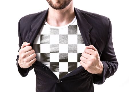 Businessman stretching suit with checkered flag on white backgroundの写真素材