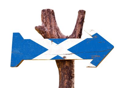 Scotland flag wooden sign board on white backgroundの写真素材